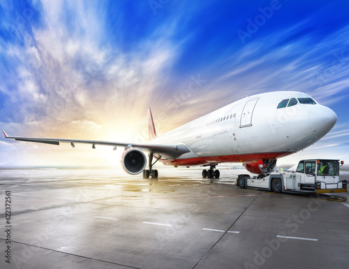 airliner on a runway against a sunset