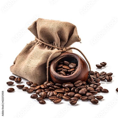 Set of coffee beans pile and in a bag, different look on a white background. Isolated