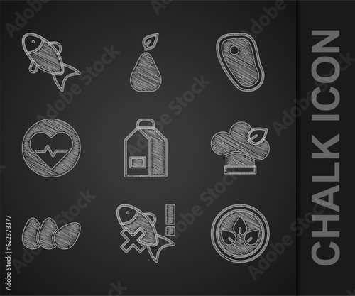 Set Paper package for milk, No fish, Vegan food diet, Chicken egg, Heart rate, Steak meat and Fish icon. Vector