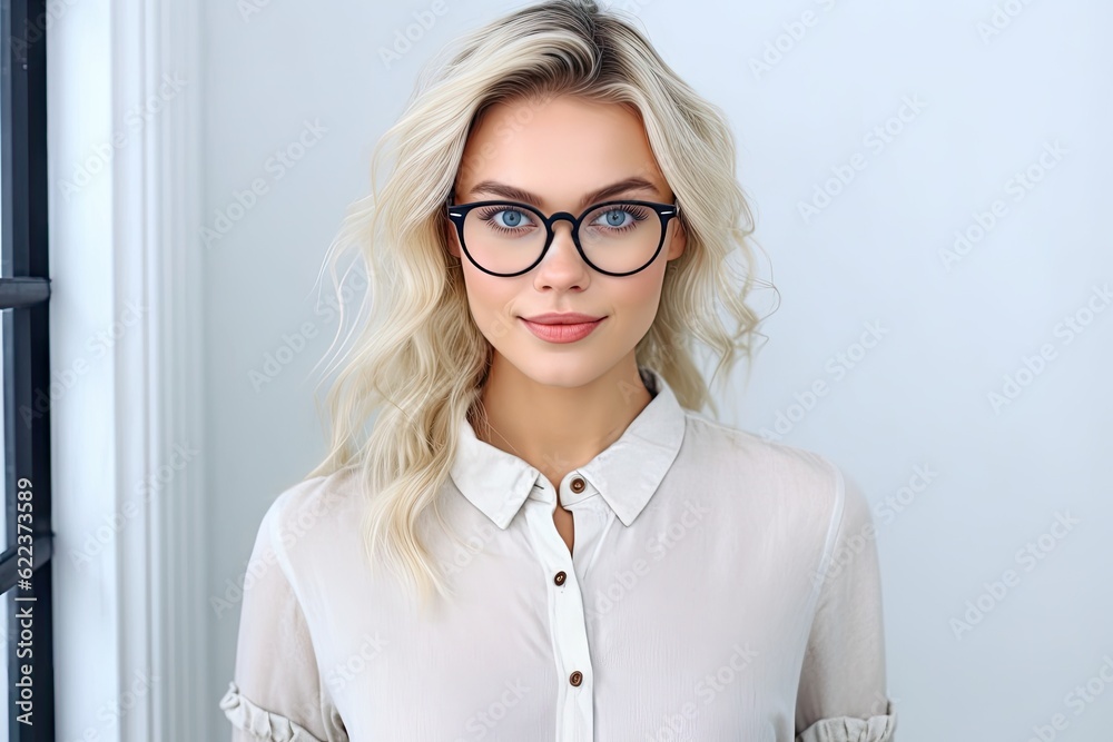 beautiful blonde businesswoman with glasses wearing glasses with office background. blonde corporate woman standing at the office. Professional and confident. Created with Generative Ai Technology