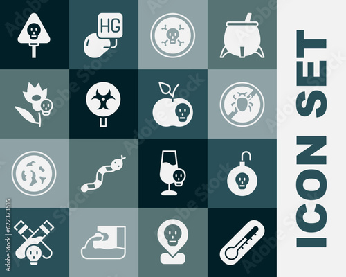 Set Thermometer, Nuclear bomb, Stop colorado beetle, Bones and skull, Biohazard symbol, Poison flower, and apple icon. Vector