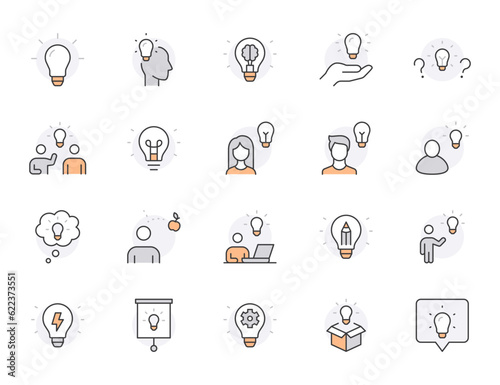 Creative idea line icon set. Electricity bulb, brainstorm presentation, education, solution minimal vector illustration. Simple outline sign for innovation. Orange Color, Editable Stroke