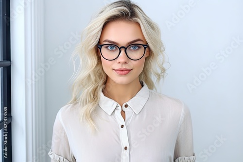 Murais de parede beautiful blonde businesswoman with glasses wearing glasses with office background