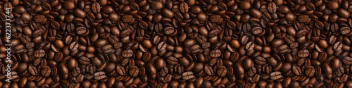 Creative coffee banner panorama wallpaper, seamless pattern texture - Top view of brown roasted coffee beans, top view (Generative Ai)