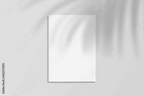 Blank Mockup A4 Paper Leaflet, Flyer, Broadsheet, Follicle, Presentation with Leaf Shadow overlay. 3D Vector Illustration Isolated On White Background.