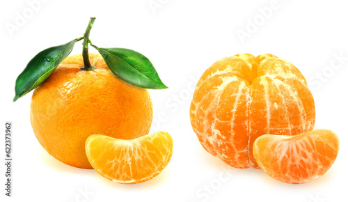 Bright photo mandarin with segments on a white background