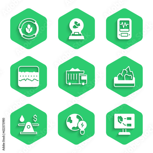 Set Mining dump truck, Global planet with bulb, Soil analysis, Ore mining, Oil money, ground layers, Seismograph and icon. Vector