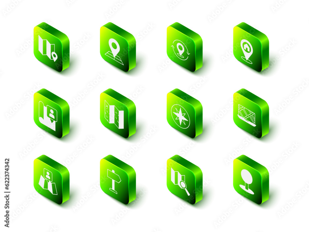 Set Folded map with location marker, Map pin, Location house, City navigation, Push, Wind rose, Search and Road traffic sign icon. Vector Set Folded map with location marker, Map pin, Location house, City navigation, Push, Wind rose, Search and Road traffic sign icon. Vector