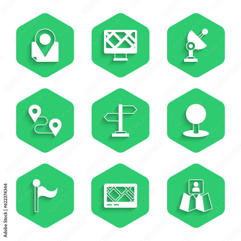 Set Road traffic sign, Gps device with map, Folded location marker, Push pin, Flag, Route, Radar and icon. Vector Set Road traffic sign, Gps device with map, Folded location marker, Push pin, Flag, Route, Radar and icon. Vector