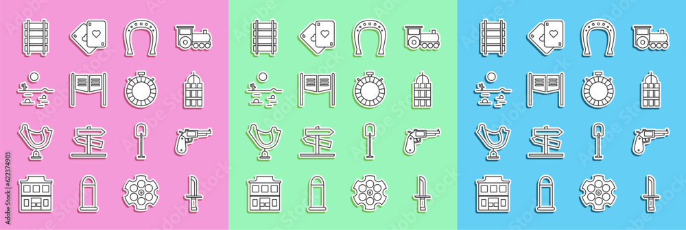 Set line Military knife, Revolver gun, Detonate dynamite bomb stick, Horseshoe, Saloon door, Desert landscape with cactus, Railway, railroad track and Canteen water bottle icon. Vector