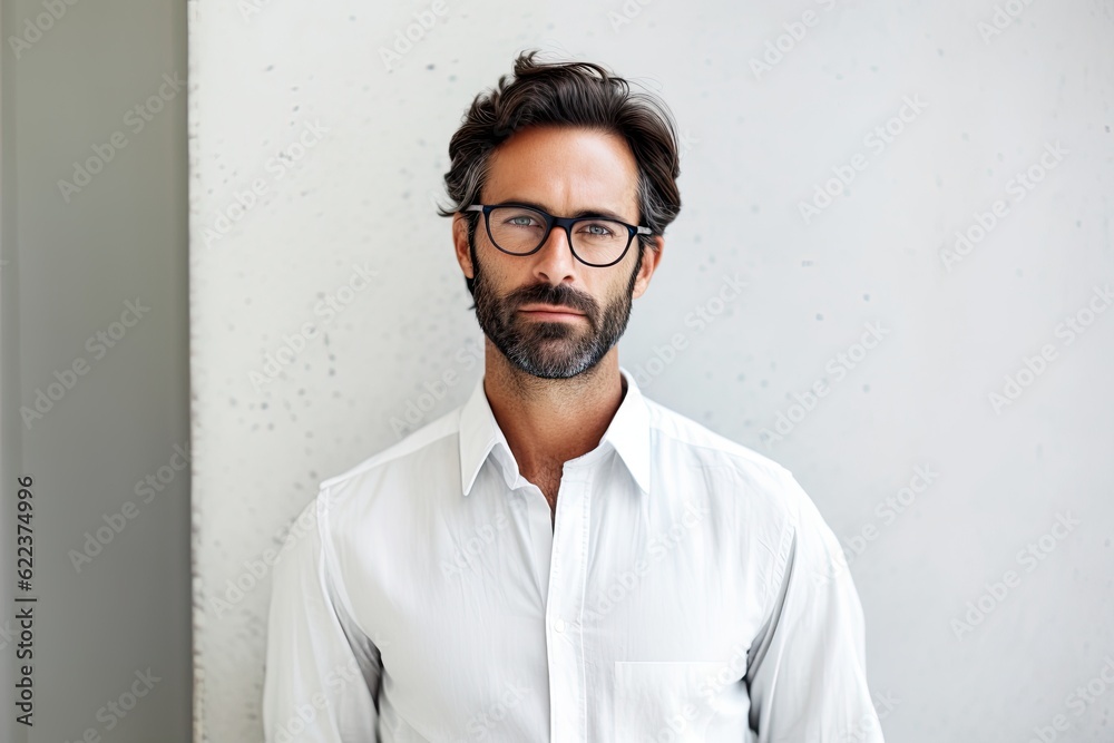 Obraz premium A man with a beard and glasses standing in front of a white wall, corporate man posing, created with Generative Ai Technology