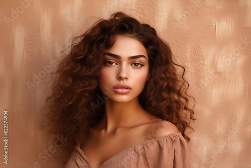 Generative ai studio portrait of beautiful latino brunette young woman on colour backgrounds photo