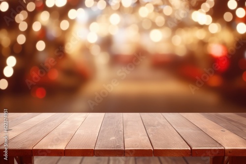 Empty wooden table and blurred background for product placement