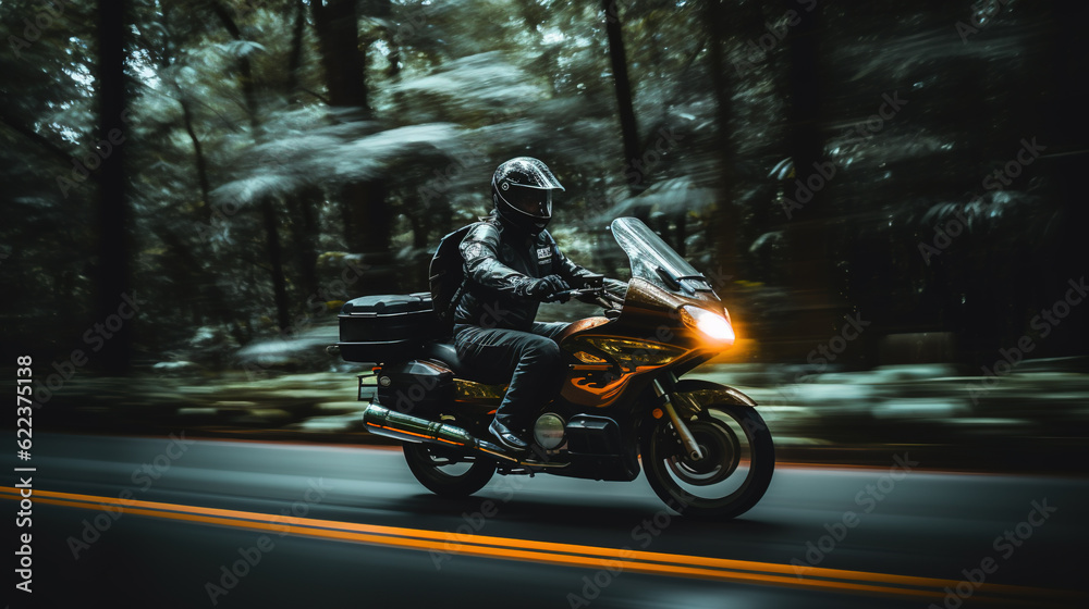 Unleash Your Spirit: Riding at High Speed on a Motorcycle through a Scenic Forest Road, Generative AI