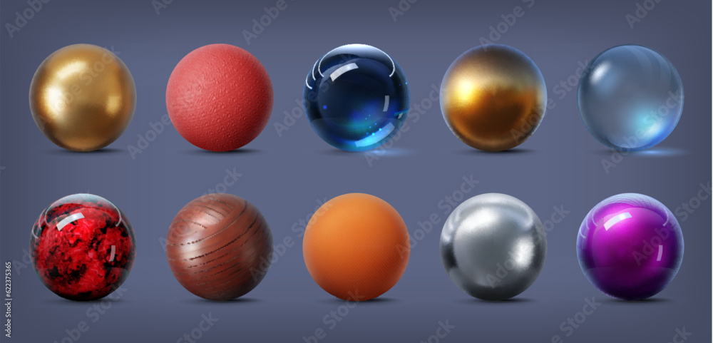 3d texture spheres. Gold, silver, metal and glass, stone and rubber, chrome and ice ball. Isolated vector spherical objects set with intricate patterns that create a tactile and immersive experience