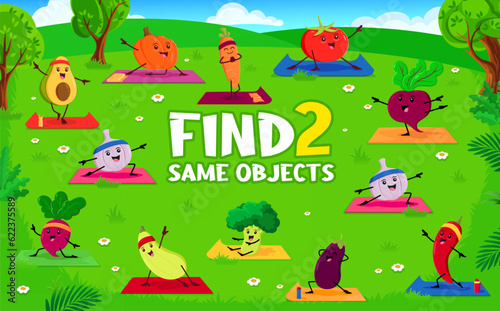 Find two same funny vegetable on yoga sport kids vector game worksheet with avocado  pumpkin  carrot  tomato and beetroot. Garlic  chili pepper  eggplant and squash with broccoli and radish characters