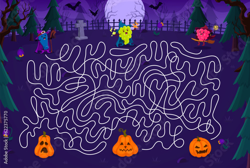 Kids labyrinth maze help to Halloween cartoon berry wizard find a holiday pumpkin lantern on cemetery. Vector board game with honeysuckle, grape and raspberry searching right entrance on tangled path