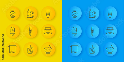 Set line Towel on a hanger, Antiperspirant deodorant roll, Mascara brush, Mortar and pestle, Cream lotion cosmetic tube, Perfume, and Bottle of shampoo sponge icon. Vector