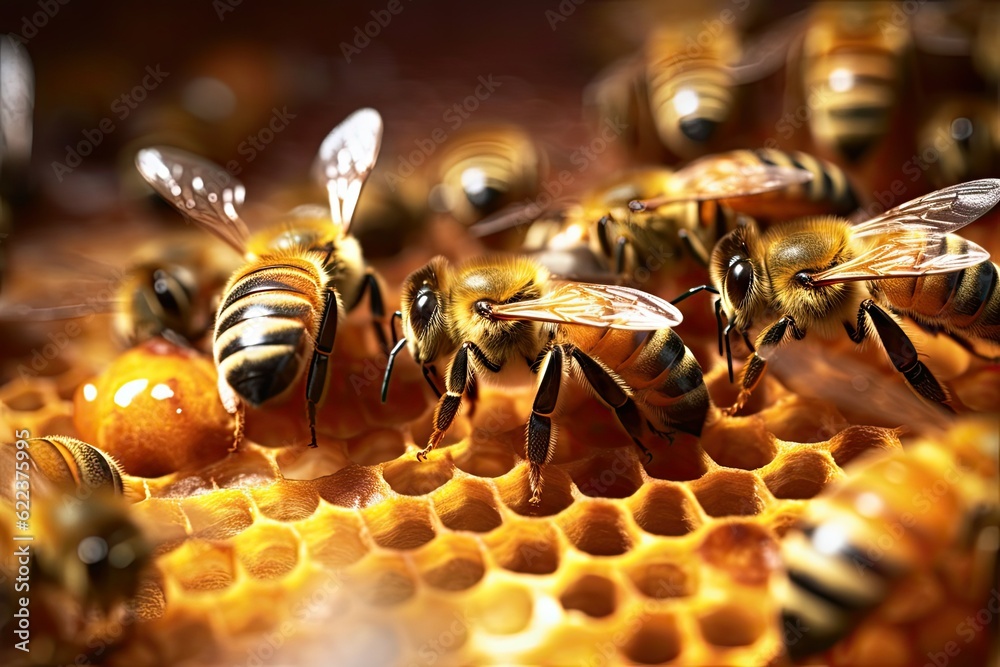 Naklejka premium Bees working on a beehive creating honey, Honey on hexagonal honey comb 
