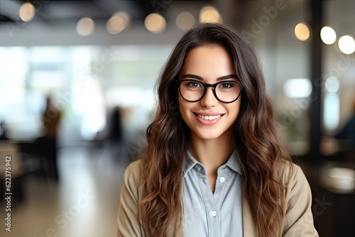 A corporate woman wearing glasses and smiling at the camera with blur office background, created with Generative Ai Technology