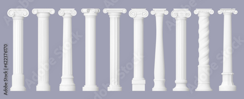 Antique greek marble columns, vintage roman isolated temple interior pillars. Isolated 3d vector classical, majestic, timeless architectural elements for buildings, crafted from exquisite white stone