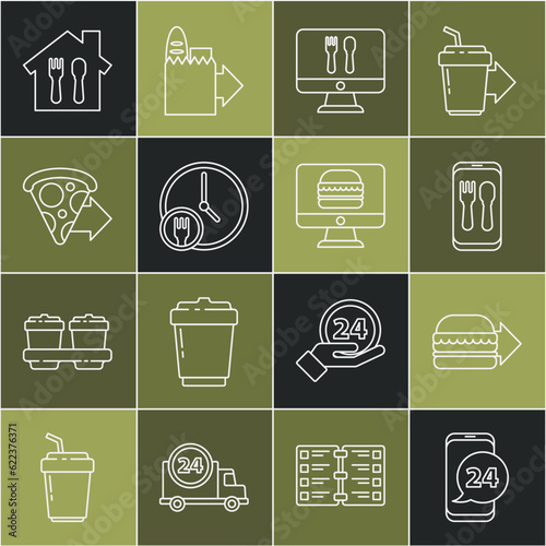 Set line Food ordering, Online burger delivery, and, Round the clock, pizza, and icon. Vector