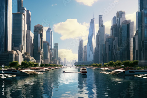 Panoramic View of Futuristic City on the Banks of Beautiful Clean River. Generative AI.