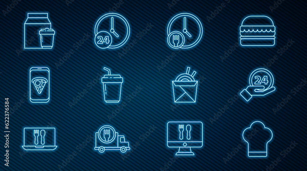 Set line Chef hat, Clock 24 hours, Round the clock delivery, Coffee cup to go, Food ordering pizza, Online and, Asian noodles chopsticks and icon. Vector Set line Chef hat, Clock 24 hours, Round the clock delivery, Coffee cup to go, Food ordering pizza, Online and, Asian noodles chopsticks and icon. Vector