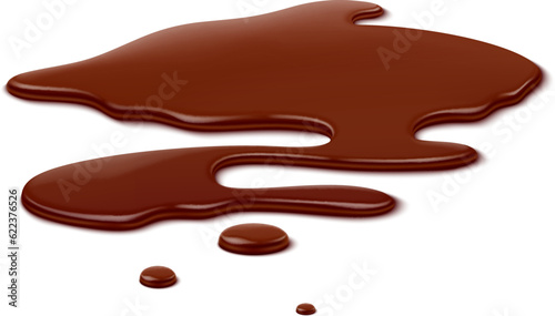 Chocolate puddle, brown choco spill, isolated liquid blot and drip. Isolated vector splatter captures the essence of indulgence. Its glossy and messy texture make it a treat for eyes and taste buds