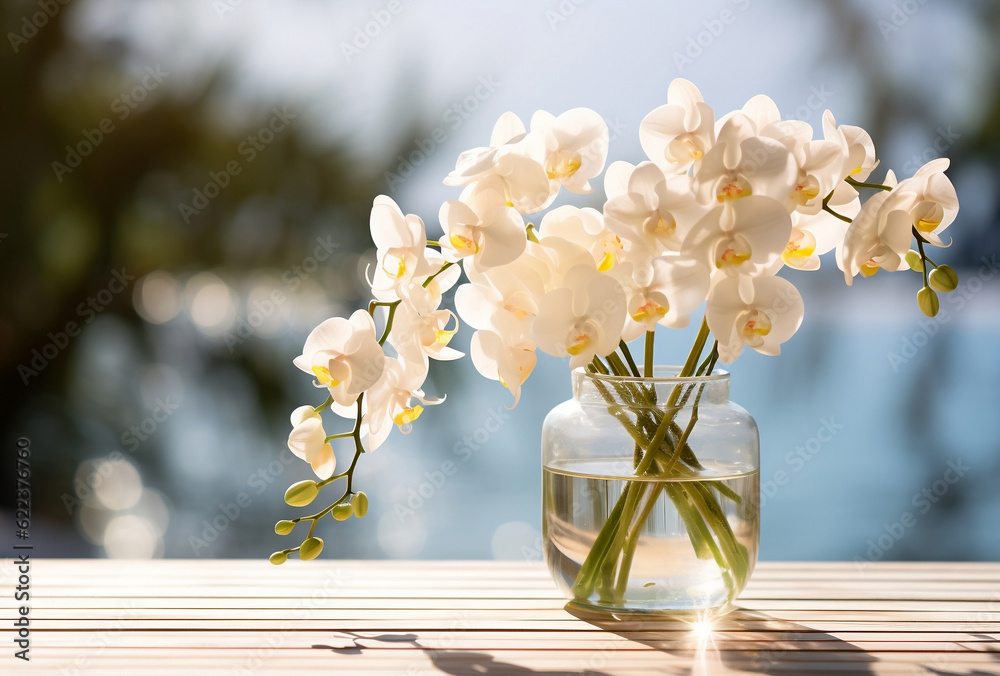 white orchid flower decoration in a glass vase with sunlight on wooden table with copy space, floral spa background with spirit of purity
