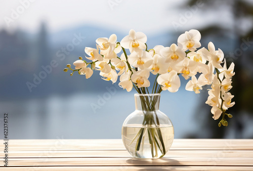 white orchid flower decoration in a glass vase with sunlight on wooden table with copy space  floral spa background with spirit of purity 