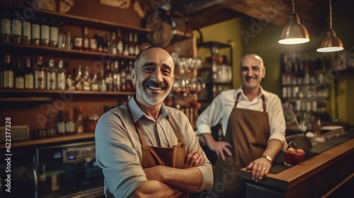 Portrait baristas or waiter cafe or coffee shop owners smiling, gesture inviting you to visit, being proud of small local business. Generation AI illustration
