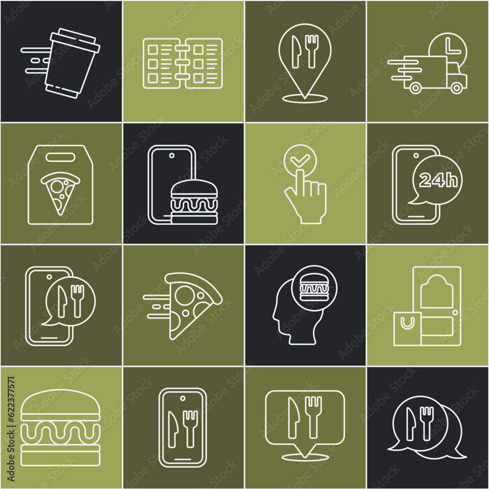 Set line Cafe and restaurant location, Online ordering delivery, Food, pizza, Coffee cup to go and icon. Vector Set line Cafe and restaurant location, Online ordering delivery, Food, pizza, Coffee cup to go and icon. Vector