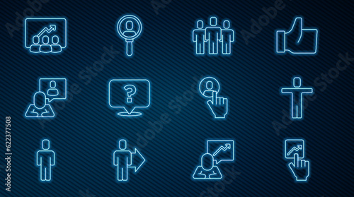 Set line Team leader  Head hunting  Users group  Question mark  Project team base  and Search people icon. Vector