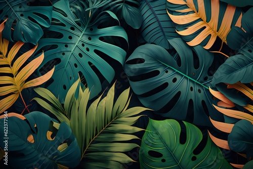 Tropical seamless pattern with beautiful palm, leaves. vintage 3D illustration. Glamorous exotic abstract background design. Good for luxury wallpapers, cloth, fabric printing, goods