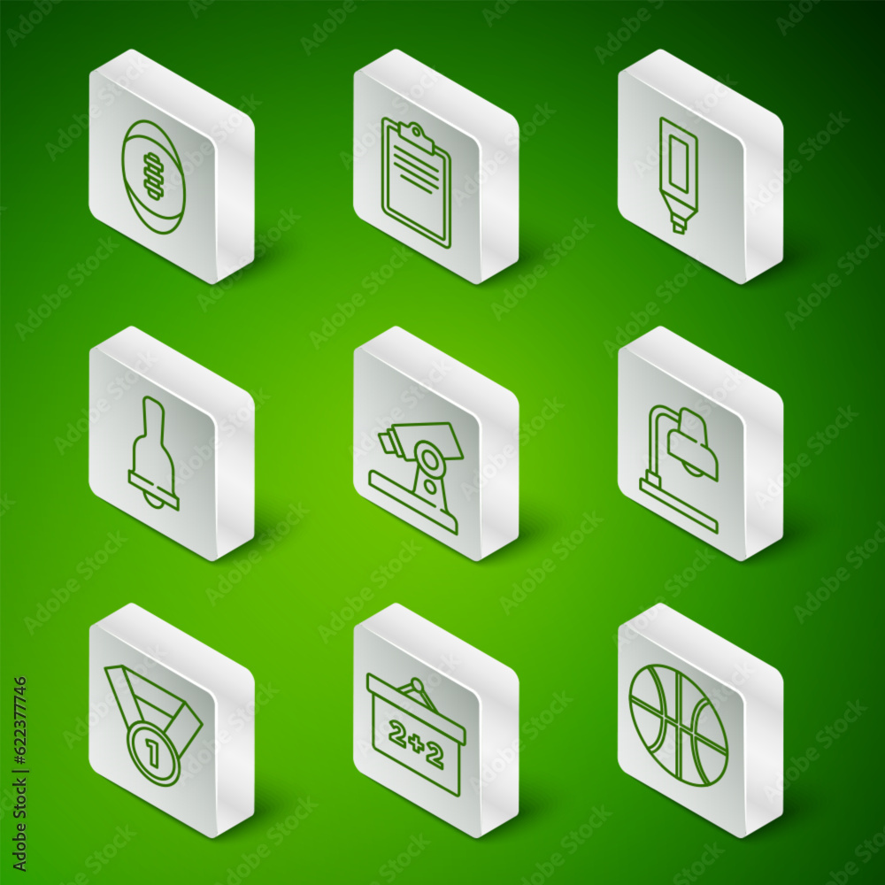 Set line Basketball ball, Chalkboard, American Football, Microscope, Ringing bell, Clipboard with checklist, Medal and Table lamp icon. Vector Set line Basketball ball, Chalkboard, American Football, Microscope, Ringing bell, Clipboard with checklist, Medal and Table lamp icon. Vector