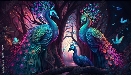 AI generated illustration of peacocks in the forest photo