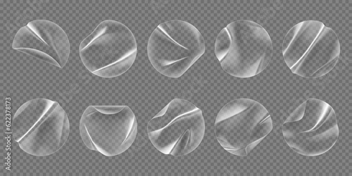 Round overlay adhesive patches, transparent circle plastic stickers. Realistic 3d vector pvc shrunken labels of circular shape. Wrinkled emblems easy to apply and remove, for quick fixes and repairs
