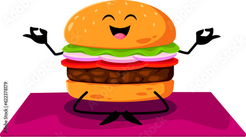 Cartoon fast food hamburger character on yoga fitness sport. Street menu meal comical mascot, fast food cafe burger or takeaway restaurant snack isolated vector happy personage meditating, doing yoga