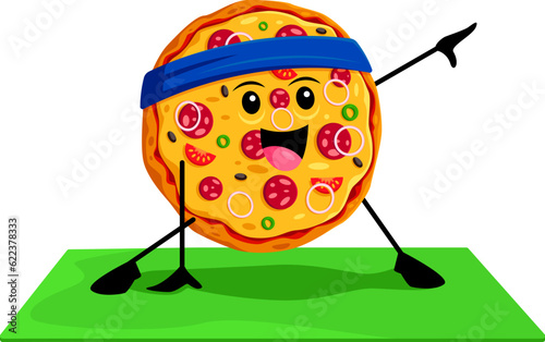 Cartoon fast food pizza character on yoga fitness sport. Junk food restaurant salami pizza funny personage, fast food menu meal or takeaway cafe dish comical vector happy mascot doing exercise