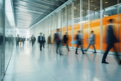Motion blur of people walking rapidly in corporate building hallway  Generative AI Illustration