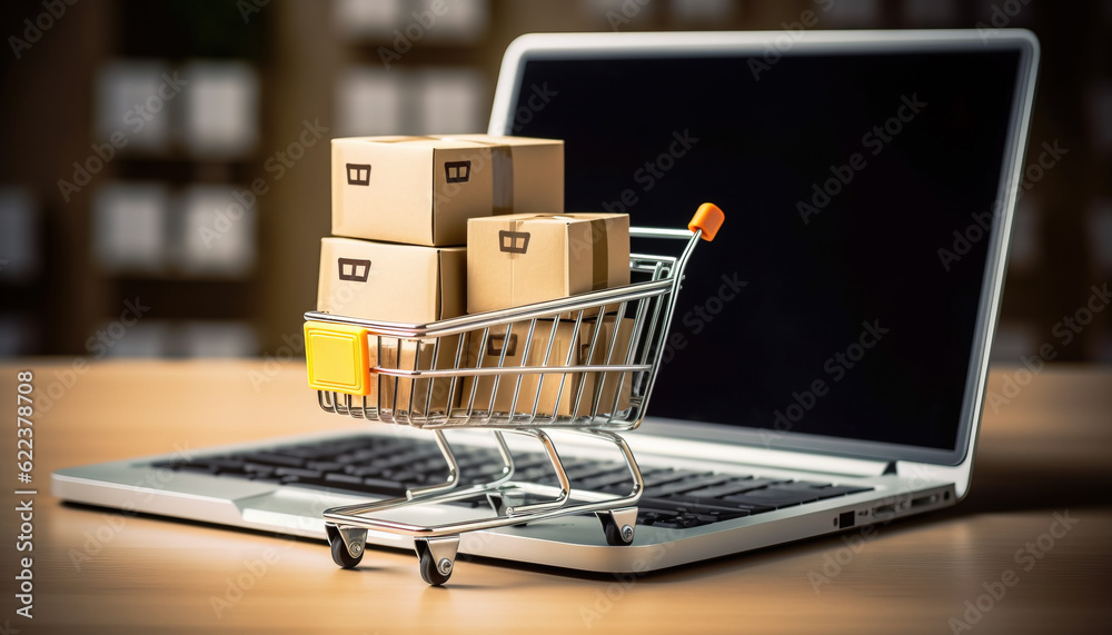 Online shopping concept with miniature shopping cart standing in front of laptop, Generative AI Illustration - obrazy, fototapety, plakaty 