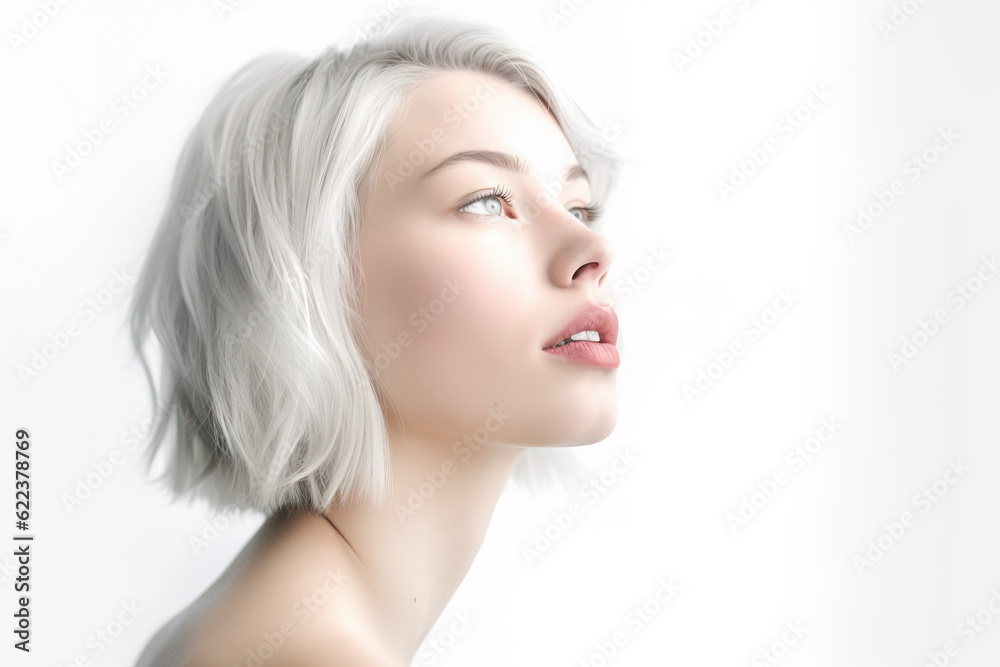 High key portrait of almost white young woman face, , Generative AI Illustration High key portrait of almost white young woman face, , Generative AI Illustration