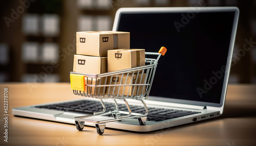 Tableau sur toile Online shopping concept with miniature shopping cart standing in front of laptop