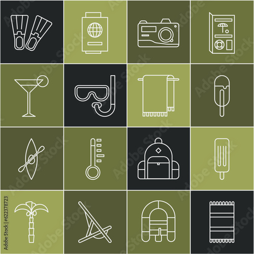 Set line Beach towel, Ice cream, Photo camera, Diving mask and snorkel, Martini glass, Rubber flippers and Towel on hanger icon. Vector