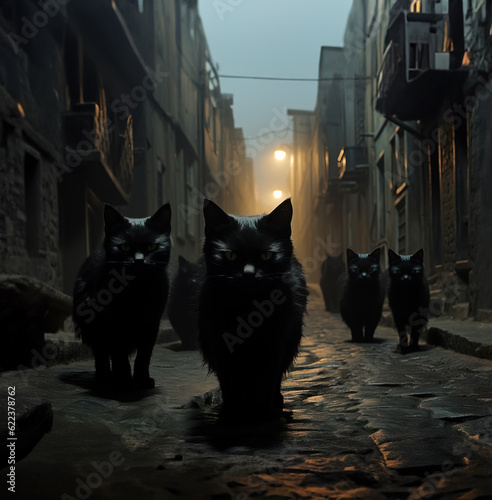 Group of creepy black cats walking on dark alley, Generative AI Illustration