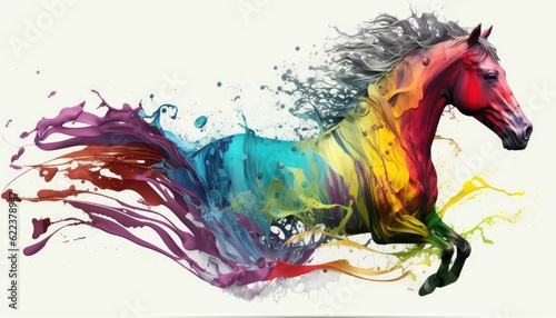 AI-generated illustration of colorful paints and a horse on a white background.