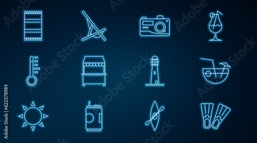 Set line Rubber flippers, Coconut cocktail, Photo camera, Street stall with awning, Meteorology thermometer, Beach towel, Lighthouse and Sunbed icon. Vector