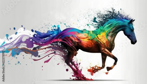 AI-generated illustration of colorful paints and a horse on a white background.