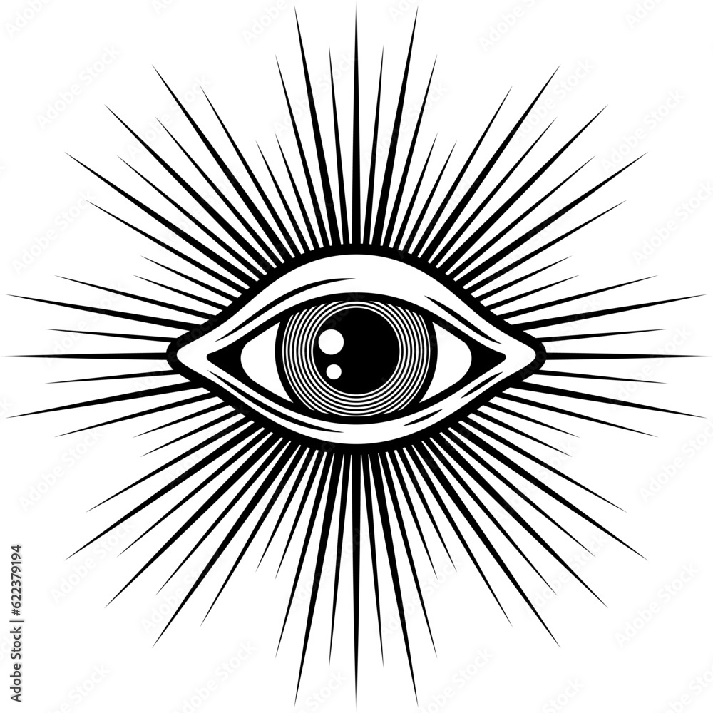 Obraz premium Sacred geometry illuminati eye with sun rays, occultism religion spiritual talisman. Vintage mystic tattoo providence sign